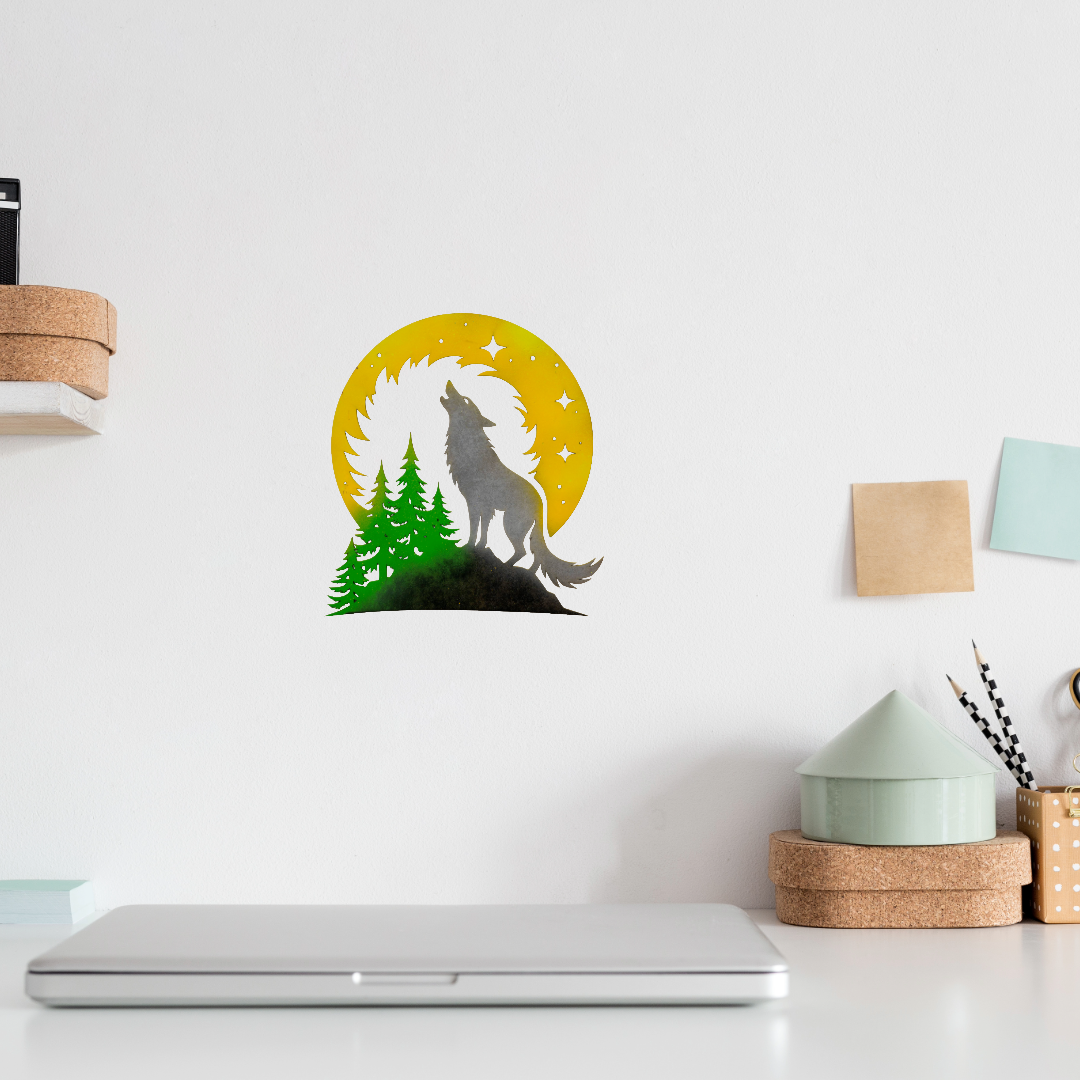 Howling Wolf Over Trees and Starry Moon Art Piece - Image 2