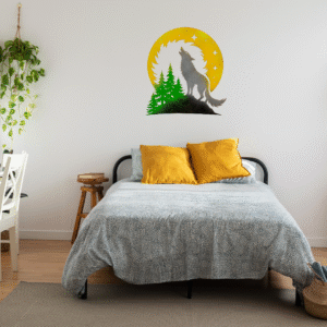 Howling Wolf Over Trees and Starry Moon Art Piece