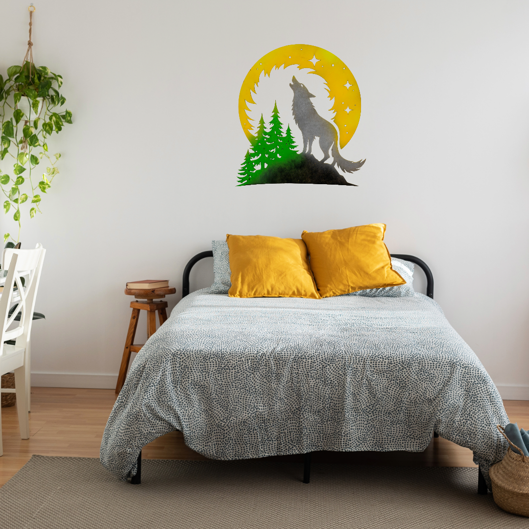 Howling Wolf Over Trees and Starry Moon Art Piece